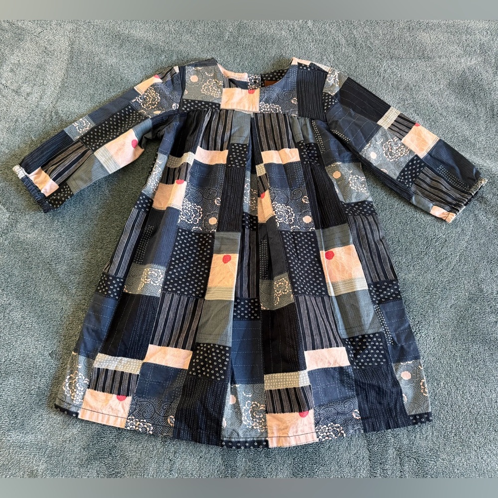 Tea Collection Girl's Boro Japanese Patchwork Dress 100% Cotton Blue Size 4 Boho
